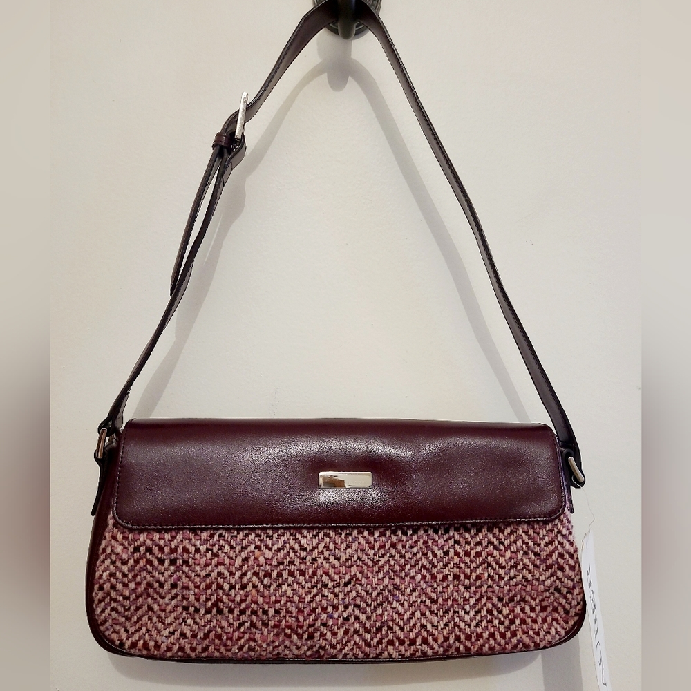 Woven Burgundy Shoulder Bag with Leather Flap